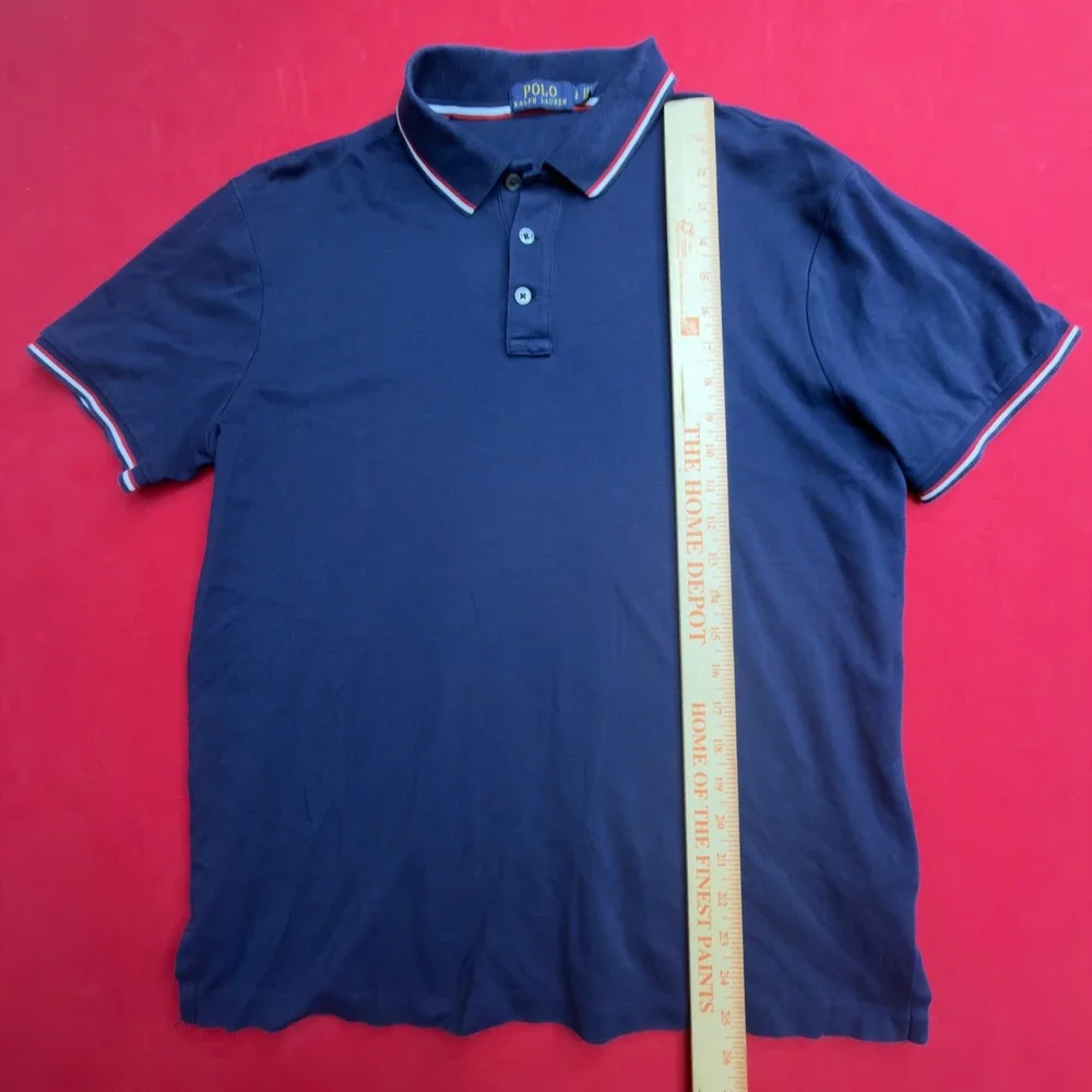 VTG Polo Ralph Lauren Mens Navy Blue Striped Trim Polo Shirt Red Pony Logo Large